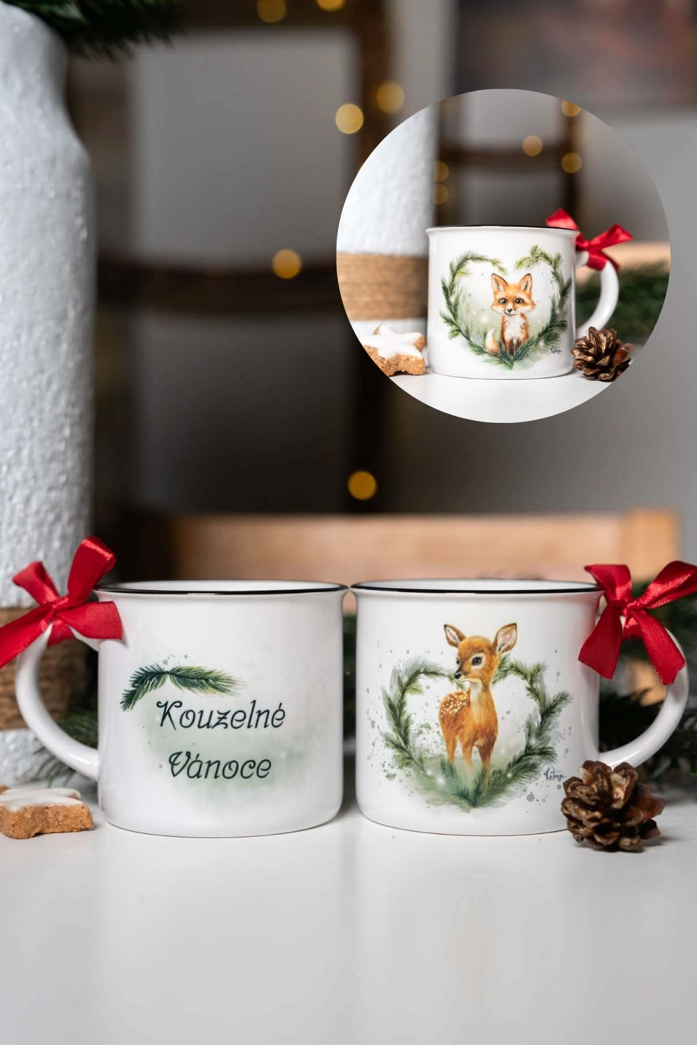 Dárkový set - dva keramické hrnečky- koloušek a lištička - Kouzelné Vánoce