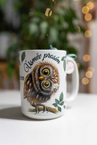 Kafák/čaják 450ml - Sovička s kytičkou - úsměv prosím