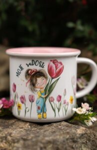 Keramický retro hrnek růžový - Slečna Tulipánová - MOJE raDOSTi - Obrázek 5