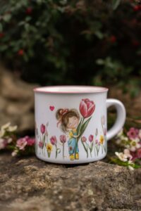 Keramický retro hrnek s růžovým lemem- Slečna Tulipánová
