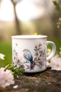 Keramický retro hrnek s růžovým lemem 300ml- Třešňový sad