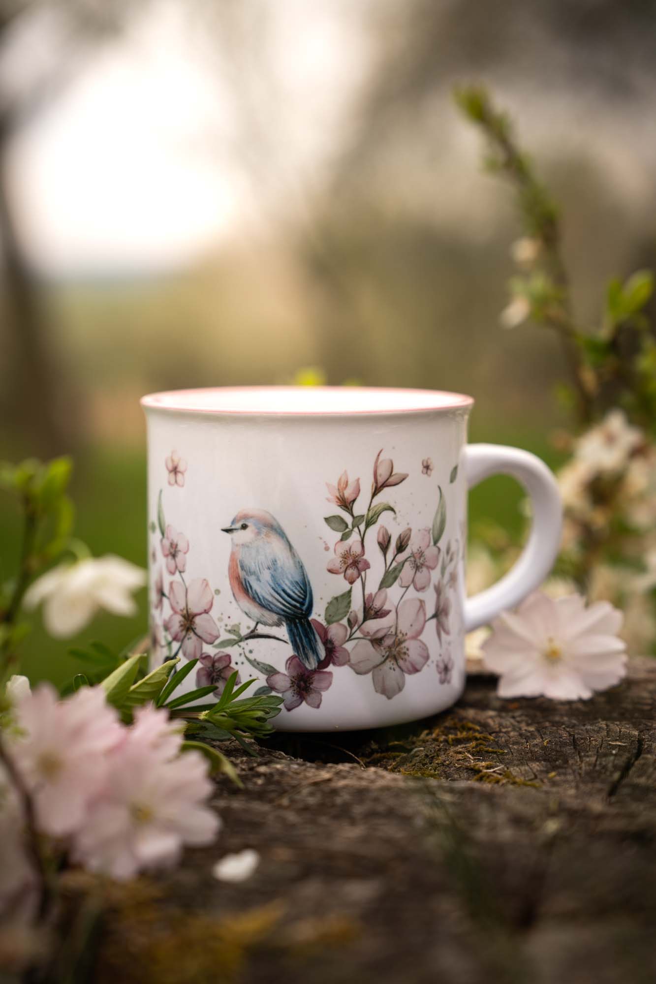 Keramický retro hrnek s růžovým lemem 300ml- Třešňový sad - Obrázek 2