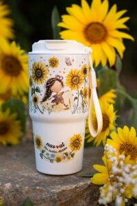 Cestovní termohrnek s uzavíratelným víčkem 600 ml – Srděnka Slunečnicová – Nas♥at – žiju, tančím, dýchám